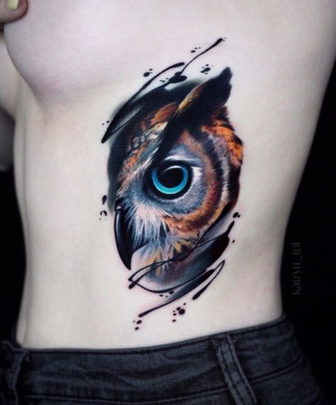 Abstract Owl Tattoo, Tattoo Ideas Black Women, An Owl Tattoo, Tattoo On The Side, Tattoo Ideas Black, Colorful Owl Tattoo, Owl Tattoo Sleeve, Octopus Tattoo Sleeve, Floral Back Tattoos