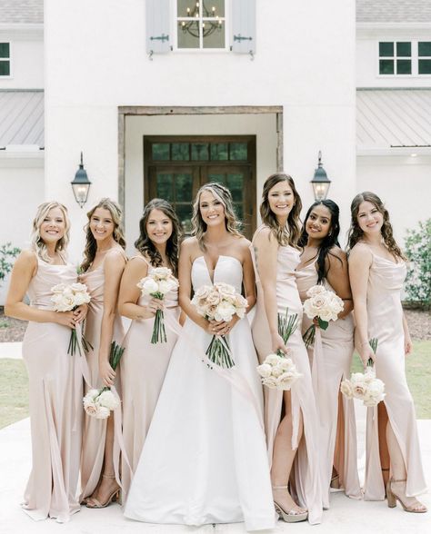 Blush Pink Satin Dress, Pink Bridal Party Dresses, Revelry Bridesmaid Dresses, Revelry Bridesmaid, Pink Bridal Party, Best Blush, Pink Satin Dress, Bridesmaid Colors, All White Wedding