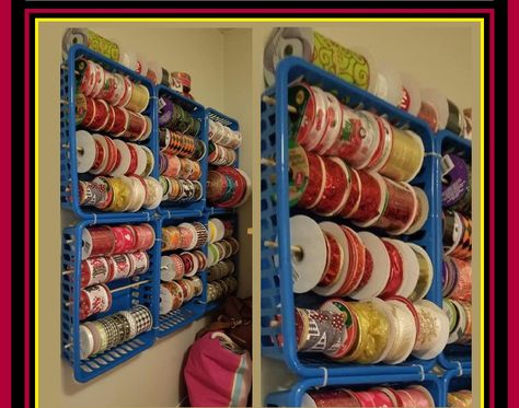 DIY Ribbon Dispenser Using Dollar Tree Supplies DIY Milk Bottle Crate Vases Using Dollar Tree Supplies Debbie Downer, Miserable Margaret Et... Ribbon Storage Ideas Diy, Ribbon Holder Diy, Diy Ribbon Holder, Craft Ribbon Storage, Ribbon Dispenser, Milk Bottle Diy, Craft Room Organization Storage, Dollar Tree Baskets, Crafts Dollar Tree