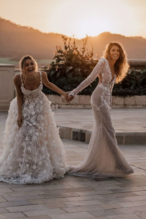 Galia Lahav has a couture wedding dress to suit all styles and themes - which bride are you? The #Fabiana is a hand embroidered masterpiece made of embroidered tulle and further adorned with 3D floral embellishments, while the #Estelle is a sheer mermaid dress made entirely of sparkly beaded fishnet with intimate beaded fringe details and hand embroidered floral accents.  Photo: by Tali Photography Wlw Wedding, Mediterranean Wedding, Lgbt Wedding, Two Brides, Girlfriend Goals, Lgbtq Wedding, Lesbian Wedding, Gay Wedding, Wedding Dress Couture