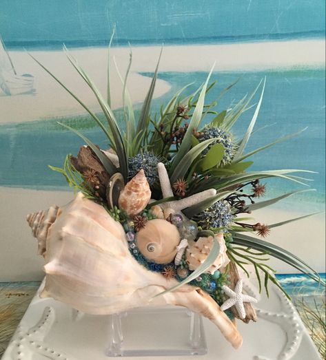 Seashell Arrangements, Seashell Flower Arrangements, Shell Flower Arrangements, Clam Shell Flower Arrangements, Shell Arrangements Seashells, Seashell And Flower Centerpieces, Flowers And Seashells, Beach Arrangements, Succulent Seashell Arrangement