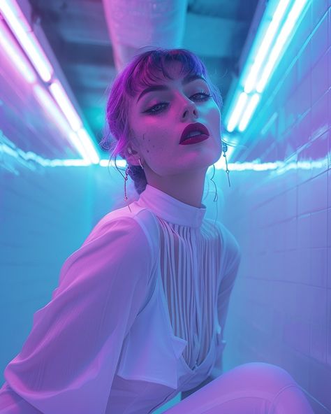 Neon Nights 💖 #huely2024 @nickocreates.ai Neon Light Drawing, Photography Figure, Neon Lights Photography, Neo Futurism, Neon Photoshoot, Neon Photography, Light Shoot, Purple Lighting, Portrait References