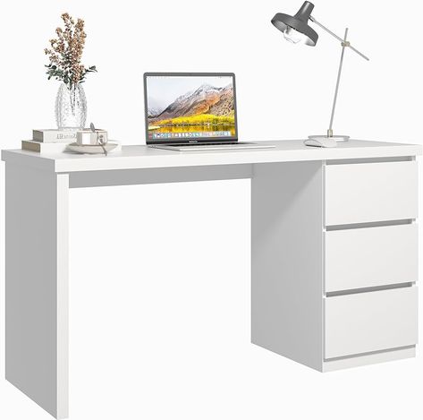 Desk For Sale Cheap, Work Desk With Drawers, Modern White Desk With Drawers, Desk White With Drawers, Bedroom Desk With Drawers, Easy Desk Ideas, Office Table For Home, Small Desk Ideas Bedrooms Simple, Desk With Drawers On One Side