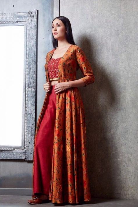 Jacket Style Kurti Long With Plazo, Shrug And Plazo Dress, Silk Skirt With Jacket, Blouse Plazo With Shrug, Blouse And Plazo, Shurgs Designs, Label Anushree, Plazo Dress, Fusion Dress