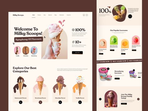 Milky Scoops - Website Design by Evince Development on Dribbble Ice Cream Web Design, Ice Cream Shop Website Design, Ice Cream Website Design, Menu Design Website, Ice Cream Website, Website Layout Template, Food Website Design, Ice Cream Design, Adobe Illustrator Graphic Design