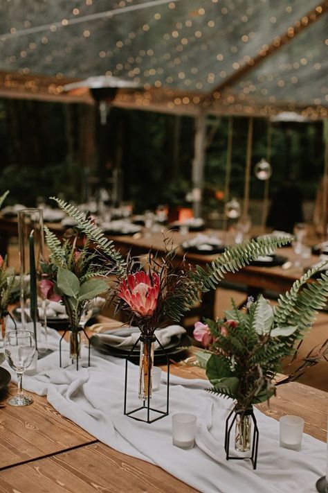 Protea Wedding Decor, Party In The Woods, Tree Wedding Ceremony, Boho Wedding Colors, Squamish Bc, Protea Wedding, Safari Wedding, Modern Wedding Reception, Glamping Tents