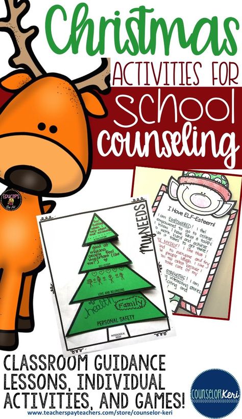 Christmas activities for elementary school counseling - classroom guidance lessons, individual activities, self esteem activities, games, and more! -Counselor Keri Games Elementary School, Christmas Activities For Elementary, Counseling Crafts, Christmas Therapy, Social Work Activities, Counseling Classroom, Counselor Keri, Coping Skills Activities, School Counseling Activities