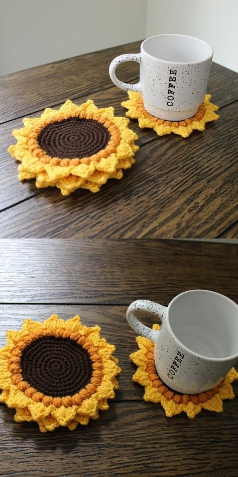 Sunflower Coasters, Crocheted Coasters, Crochet Coasters Free Pattern, Crochet Coaster Pattern, Crochet Sunflower, Crochet Clutch, Fun Crochet Projects, Crochet Diy, Diy Crochet Projects