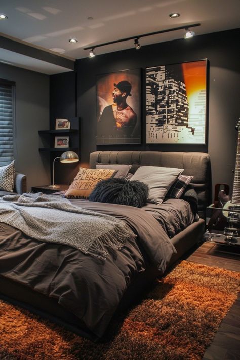 Modern Men’s Bedroom, Man Bedroom Ideas, Plan Aesthetic, Bedroom Ideas Men, Bachelor Bedroom, Deco Loft, Male Bedroom Ideas, Mens Room Decor, Gamer Bedroom