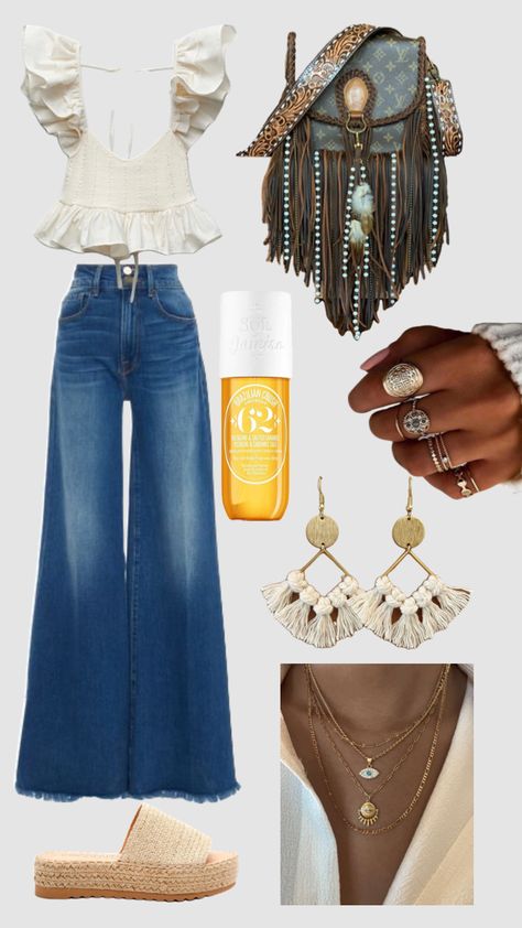 #boho #ootd #bohojewelry #macrame #louisvuitton Bohemian Outfit Ideas Boho Chic, Bohemian Wide Leg Denim Jeans, Boho Glam Outfit, Bohemian Fitted Wide Leg Jeans, Hippie Wide-leg Jeans For Festivals, Luxury Bohemian Wide-leg Bottoms, Spring Oufits, Boho Aesthetic Outfit, Boho Ootd