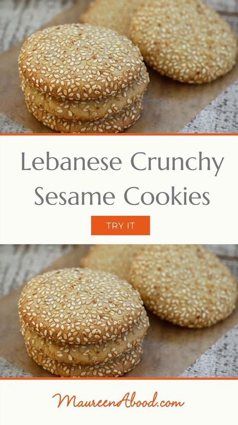 Indulge in the rich flavors of Lebanon with these crispy sesame delights. Perfectly golden and irresistibly crunchy, these treats offer a delightful blend of nutty sesame seeds and aromatic spices. Whether you're hosting a gathering or simply craving a unique snack, these Lebanese-inspired bites promise to transport your taste buds to the vibrant streets of Beirut. Easy to make and even easier to enjoy, they're a must-try for anyone looking to explore the world of Middle Eastern cuisine. Sesame Biscuits Recipes, Greek Sesame Cookies, Sesame Seed Dessert, Sesame Cookies Chinese, Sesame Dessert Recipes, Lebanese Cookies Recipes, Seed Cookies Healthy, Mediterranean Cookies, Lebanese Cookies