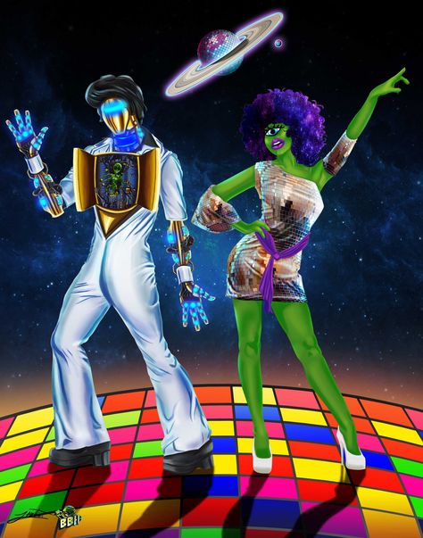 Alien Disco, on ArtStation at https://www.artstation.com/artwork/NxmyEP 80s Alien Aesthetic, Party Artwork, 70s Alien Aesthetic, Futuristic Disco, Disco Alien, 70s Alien, Intergalactic Party, Alien Disco, Cosmic Disco