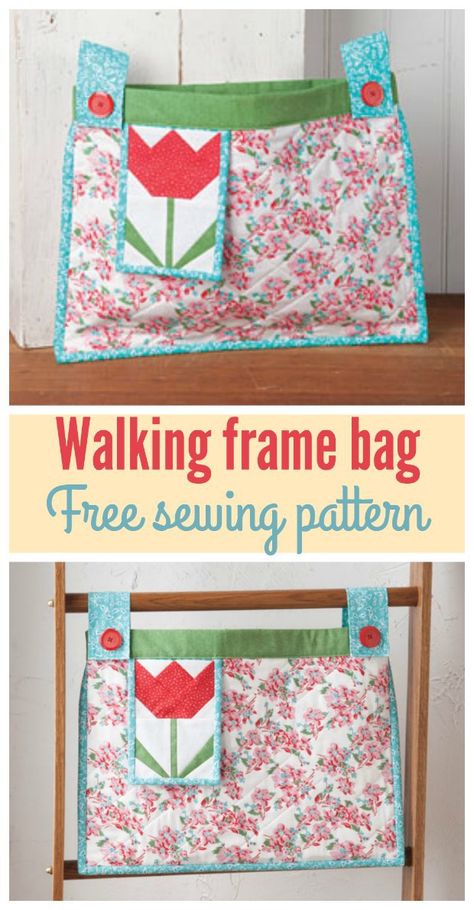 Walker tote bag. Free sewing pattern for this bag to attach to a walking frame. I made one for my aunt and she said it was the best present she had all year! Wheelchair Quilts, Bag Free Sewing Pattern, Walker Bags, Walking Frame, Wheelchair Bags, Tote Bag Pattern Free, Walker Bag, Storage Tote, Bag Pattern Free