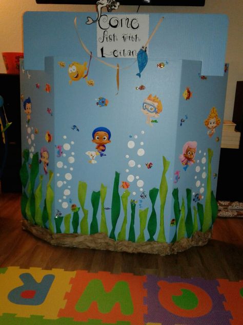 My daughter's fishing booth.. bubble guppy theme. Fishing Booth Carnival Game, Fishing Booth, Fall Carnival Games, Tri Fold Poster Board, Bubble Guppies Theme, Fishing Theme Party, Fishing Games, Game Booth, Fest Ideas