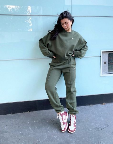 Nike mini swoosh oversized jogger in khaki | ASOS Nike Tracksuits Woman, Nike Joggers Outfit Women, Nike Tracksuit Outfit Women, Nike Tracksuit Outfit, Nike Track Pants Outfits, Nike Joggers Outfit, Tracksuit Outfit Women, Track Suit Outfit, Joggers Outfit Women