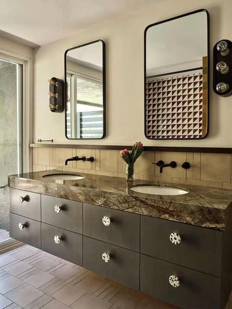 We found all the small bathroom makeover inspiration in these two remodels. #stonevanity #floatingvanity #zenbathroom Cool Tile, Aesthetic Bathroom Decor, Colorful Tile, 20 Aesthetic, Vanity Makeover, Modern Bathroom Interior, Bathroom Vanity Makeover, Aesthetic Bathroom, Small Bathroom Makeover