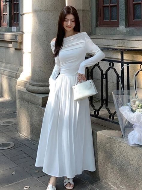 46969014616301|46969014649069|46969014812909|46969014845677 White Knitted Dress, White Knit Dress, Office Dresses For Women, Dress Women Elegant, Fashion White, Sleeves Clothing, Midi Dress Casual, French Women, Maxi Knit Dress