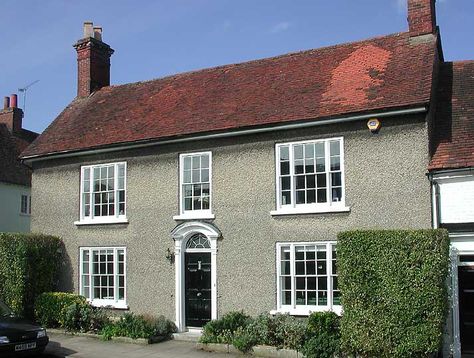 White Cottage Exterior Uk, Pebble Dash Makeover, White Cottage Exterior, Grey House Paint, Brown Roof Houses, Classic Entrance, Dormer House, Pebble Dash, Californian Bungalow