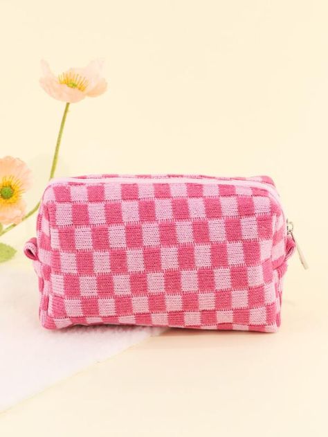 Makeup Bag Checkered Cosmetic Bag, 1pc Pink Knitting Travel Toiletry Bag Organizer Cute Makeup Brushes Storage Bag For Women Girls | SHEIN USA Pink Makeup Bag, Cute Makeup Bags, Emergency Bag, Makeup Brush Storage, Small Makeup Bag, Latest Makeup, Colorful Bags, Cosmetic Organizer, Toiletry Bag Travel