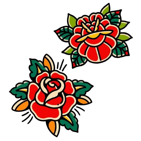 American Trad Rose Tattoo, Old School Flowers Tattoo, American Traditional Rose Tattoo Design, Traditional Roses Tattoo Design, American Traditional Tattoos Rose, Traditional Flower Flash, Traditional Rose Flash, Trad Rose Tattoo, American Traditional Roses