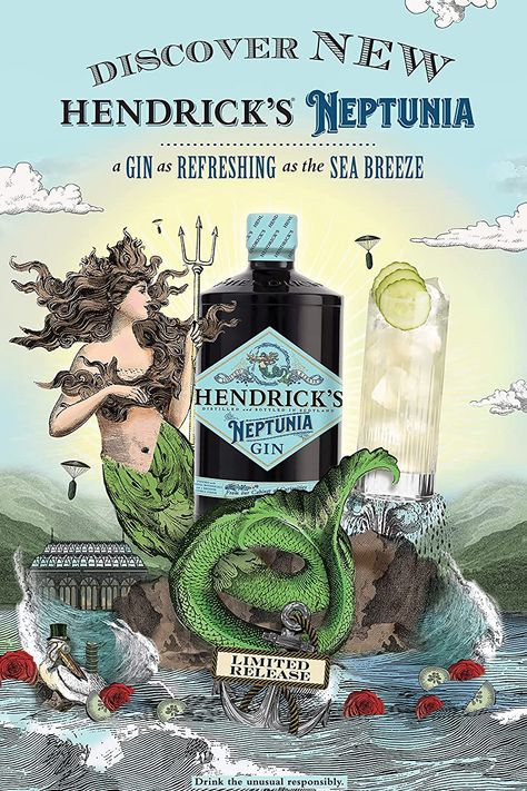 Hendricks Neptunia Gin Cocktails, Liquor Poster, Gin Festival, Liquor Label, Hendrick's Gin, Product Advertising, Hendricks Gin, Care Box, Sea Breeze