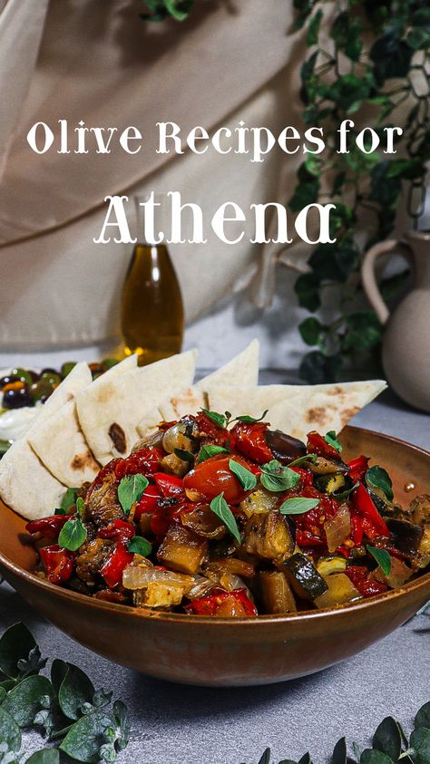 Combine your love of cooking with your love of Greek Mythology with this series of recipes inspired by the gods and goddesses of Ancient Greece. To honour Athena, the patron deity of Athens who gifted the people with the olive tree, briam is the perfect offering. Briam is made with vegetables slow roasted and caramelized in olive oil. Serve the briam alongside whipped feta topped with herb marinated olives. Greek Party Food Ideas, Greek Mythology Food, Ancient Greek Recipes, Greek Vegetarian Recipes, Witchy Food, Ancient Greek Food, Fandom Recipes, Greek Feast, Patron Deity