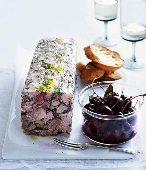 Australian Gourmet Traveller recipe for pork and parsley terrine with pickled cherries. Pork Terrine, Terrine Recipe, Pickled Cherries, Recipe For Pork, Cured Meats, Pork Dishes, Croquettes, Food Plating, Pork Recipes