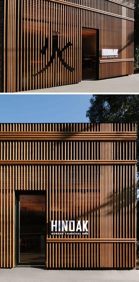 A Vertical Wood Exterior Is the Face Of This New Korean BBQ Restaurant Vertical Wood Exterior, White Signage, Restaurant Facade, Korean Bbq Restaurant, Woods Restaurant, Restaurant Exterior, Wood Facade, Wood Exterior, Exterior Signage