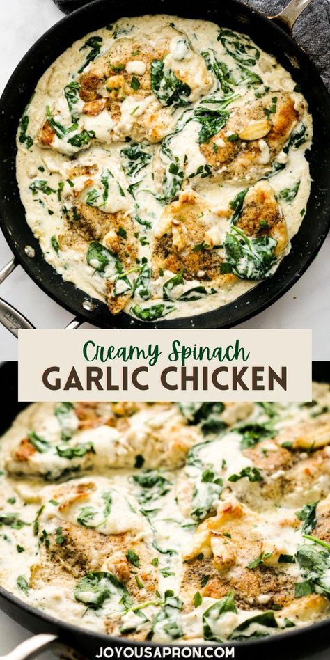 One-pan Creamy Spinach Chicken recipe, ready under 30 minutes! Chicken seasoned and pan fried, coated in a rich and creamy garlic sauce. Creamy Spinach Chicken, Spinach Sauce, Spinach Chicken, Garlic Spinach, Seasoned Chicken, Dinner Meal, Health Dinner, Creamy Spinach, Spinach Recipes