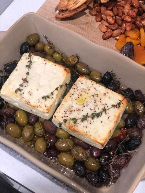 Moroccan Dinner Party, Baked Feta With Olives, Feta With Olives, Honey Appetizers, Baked Feta Recipe, Moroccan Dinner, Baked Olives, Olive Appetizer, Baked Appetizers