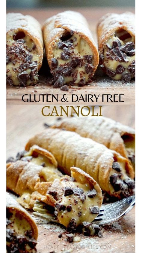 Gluten Free Cannoli Recipe + Dairy Free Filling | Healthy Taste Of Life Baked Cannoli Shells, Gluten Free Cannoli Recipe, Gluten Free Cannoli, Cannoli Desserts, Dairy Free Custard, Comfort Food Desserts, Cannoli Filling, Cannoli Shells, Pastry Cream Recipe