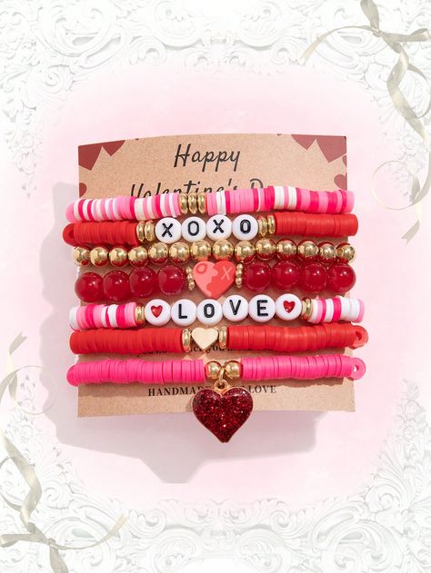 ROMWE Kawaii 7pcs/Set Fashionable Sweet & Cute Heart Shaped Pendant & Beaded Alphabet Bracelet For Women Daily Wear, Valentine's Day & Friendship GiftI discovered amazing products on SHEIN.com, come check them out! Alphabet Bracelet, Latest Bracelets, Galentines Party, Heart Shaped Pendant, Heart Themed, Beads Bracelet Design, Girls Valentines, Cute Heart, Heart Shape Pendant