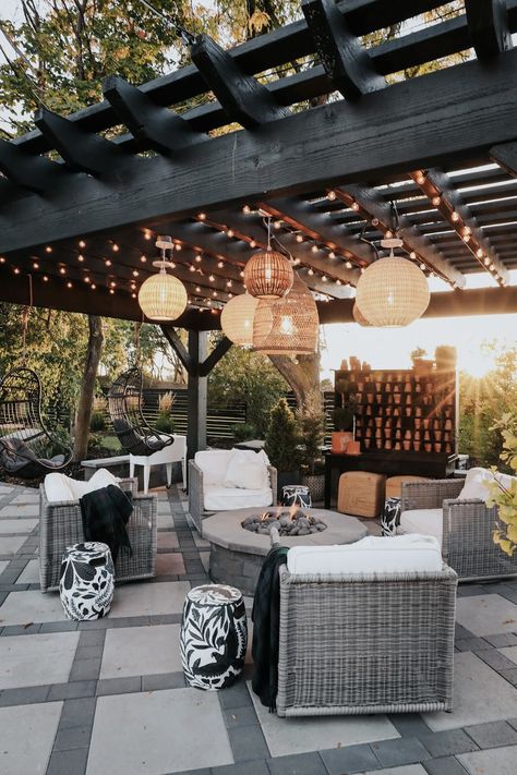 Nesting With Grace, Pergola Lighting, We Shed, Outdoor Pendant Lights, Outdoor Tv, Pergola With Roof, Wallpaper Accent Wall, Outdoor Pergola, Patio Lighting