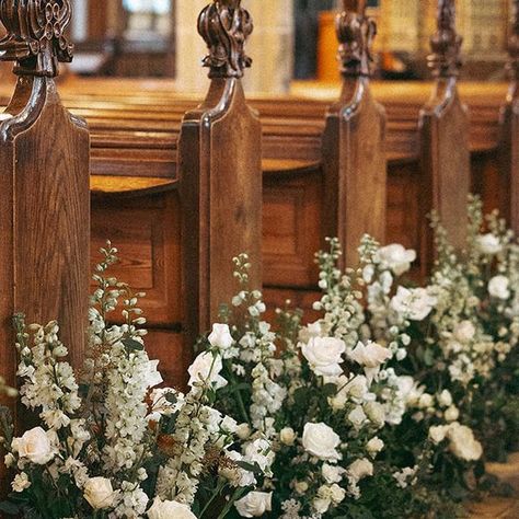 Etiquette on Instagram: "A full aisle of floral meadows, an alternative from pew ends. Creating a statement visual eye-line drawing you to the historic alter. Meadows are super versatile and can be used and moved for many different areas for the wedding.   Captured by @alexwysockiphotography   #churchwedding #weddingflowers #weddingflorist #surreyweddingflowers #weddinginspiration" Pew Florals, Pew Wedding Decorations, Pew Ends Wedding, Aisle Meadows, Church Wedding Decorations Aisle, Pew Flowers, Wedding Pews, Pew Ends, Nola Wedding