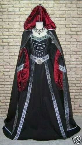 , Gothic Victorian Outfits, Medieval Ball, Hooded Gown, Medieval Dresses, Gaun Abad Pertengahan, Medieval Cloak, Medieval Gown, Black Cloak, Medieval Clothes