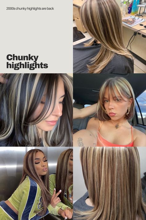 hair color idea, highlights, blonde, brunette 2000 Hair Color Highlights, Chunky Highlights 2000s, Y2k Hair Color Highlights, 2000 Hair Color, Types Of Brunette Hair Color, Chunky Hair Highlights, 2000s Hair Color, 2000s Highlights Hair, 90s Highlights Hair