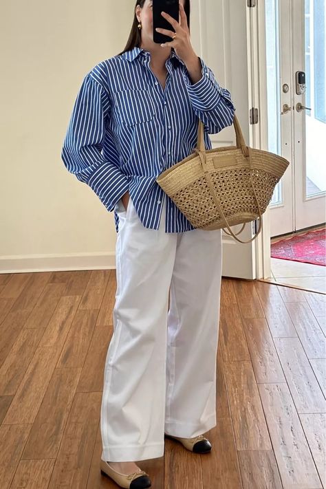 Max Shirt curated on LTK Blue And White Striped Shirt Outfit Summer, Polo Button Down Outfit Women, Navy Shirt Outfit, Blue And White Striped Shirt Outfit, Poplin Shirt Outfit, Blue Blouse Outfit, White Striped Shirt Outfit, Classic Summer Outfits, Button Down Outfit