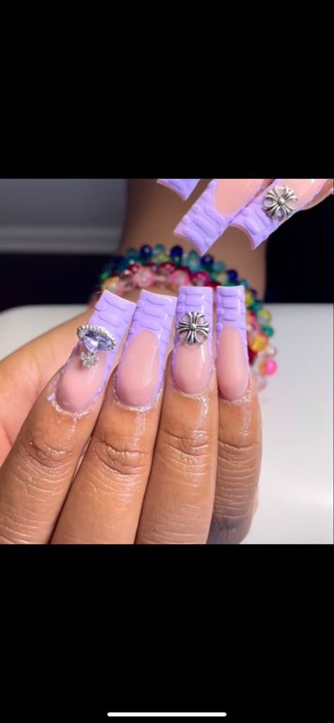 Purple Croc Nail Design, Long Acrylic Nails Croc Print, Purple Sets Nails, Pink Croc Inspiration, Purple Crocodile French Tip Nails, Medium Croc Nails, Pink 3d Croc Nails, Purple White Nails Designs, Light Purple Nails Short Square