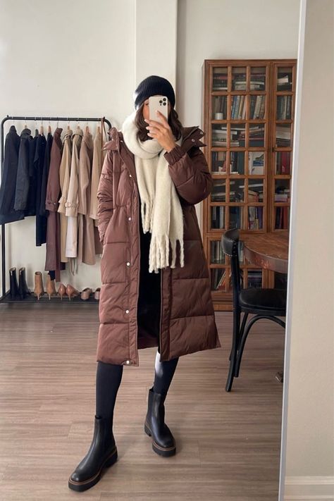 Ultra Long Puffer curated on LTK Fringe Scarf Outfit, Long Puffer Outfit, Long Puffer Coat Outfit, Winter Outfits Minimalist, Japan Outfit Winter, Puffer Coat Outfit, New York Winter Outfit, Puffer Outfit, Smart Casual Women Outfits