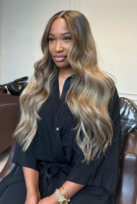 Honey Blonde Extensions Black Women, Bayalage Blonde Black Women, Fall Blonde Hair Color Black Women, Deep Wave With Highlights, Brown And Blonde Dimensional Hair, Savanna James Hair, Savannah James Blonde Hair, Ombre Blonde Hair Black Women, Blonde Highlights Sew In