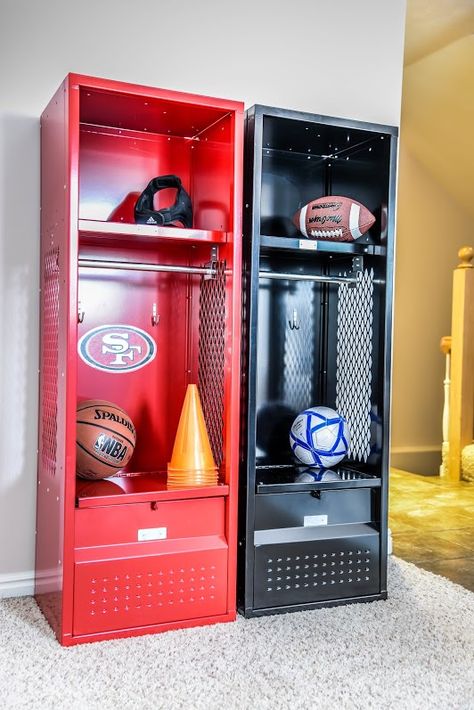 Football Boot Storage, Nfl Room Ideas, Nfl Bedroom Boys, Locker Room Bedroom, Sports Bedrooms, Nfl Locker Room, Locker Bedroom, Boy Sports Bedroom, Kids Locker