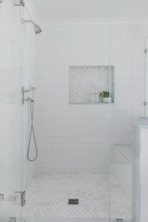 White Marble Island, White Hexagon Tile Bathroom, Hexagon Tile Bathroom Floor, Master Shower Tile, Large Shower Tile, White Shower Tile, Timeless Tile, Hexagon Tile Bathroom, White Subway Tile Shower