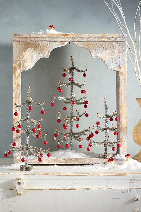 Add sparkling good cheer to your holiday home with this trio of tinsel trees. | Silver Tinsel Trees, Set of 3 by Terrain, Plastic at Anthropologie Sparkly Christmas Decorations, Aluminum Christmas Trees, Vintage Tinsel Christmas Trees, Vintage Pastel Christmas Decor, Christmas Decor For Small Spaces, Xmas Decor, Unique Christmas Tree Ideas, Christmas Vignettes Display, Vintage Christmas Decor