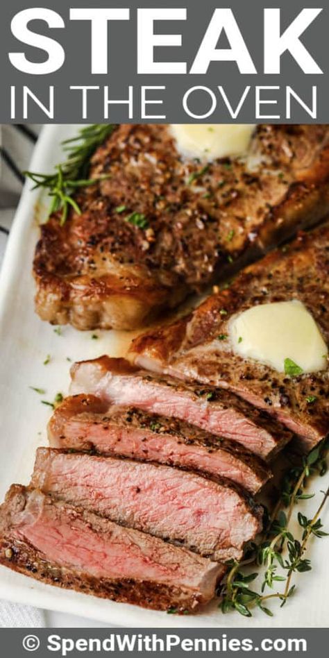 Tender steak in the oven is a quick and easy meal that's elegant too! Whether cooking a sirloin, flank steak, ribeye or T bone, this recipe will show you how to bake steak to perfection. #spendwithpennies #steakintheoven #entree #recipe #howtobake #cooking #howtomake #castiron #baking #easy #best #skillet #tender #howlong #infoil #perfect #mediumrare What To Do With Ribeye Steak, Baked Sirloin Steak Oven, Flank Steak Oven Recipes, Tender Steak In Oven, Steak Baked In Oven, Baking Steak In Oven, Bake Steak In Oven, Oven Baked Steak Recipe, How To Bake Steak