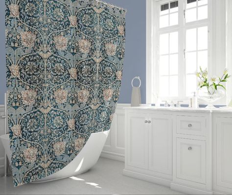 Teal Honeysuckle & Tulip Shower Curtain William Morris - Etsy Long Shower Curtain, Long Shower Curtains, Humble Home, Cottage Bathroom, Gifts For The Home, Flower Motifs, Maximalist Decor, Shades Of Teal, Fabric Shower Curtain