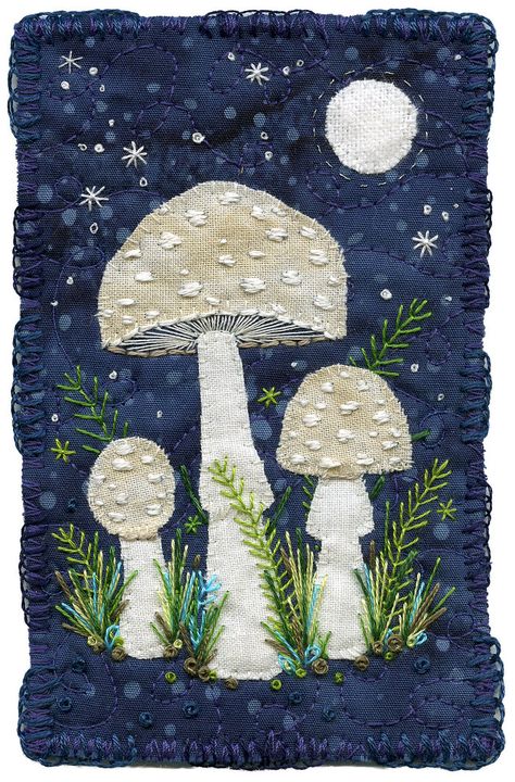 Elegant Beauties | Some wee embroidered mushrooms under the … | Flickr Mushroom Textile Art, Fabric Pictures Diy Wall Art, Fabric Applique Ideas, Textile Art Ideas, Mushroom Applique, Embroidered Mushrooms, Simple Applique, Uppercase Magazine, Appliqué Embroidery