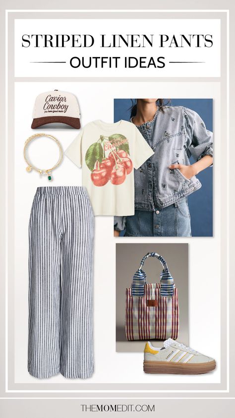 Striped pants are everywhere right now, so we came up with 6 days of outfits using one pair of linen striped pants. More outfit ideas, on the blog. | #TheMomEditStyle #LinenPantsOutfits #HowToStyleLinenPants #SummerPants #StripedPants #BoxerPants #GraphicTee #DenimJacket #adidasSneakers #OutfitInspo #SummerOutfits #OOTD Styling Striped Linen Pants, Linen Striped Pants Outfit, How To Style Striped Pants, Striped Pants Outfit Women, Blue And White Striped Pants Outfit, Stripped Pants Outfit, White Striped Pants Outfit, Striped Linen Pants Outfit, How To Style Linen Pants