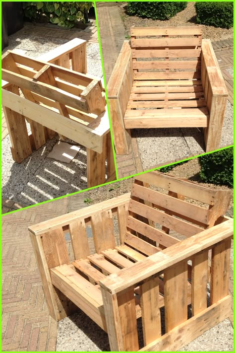 Wooden Benches, Pallet Garden Furniture, Pallet Chair, Wooden Garden Furniture, Wooden Pallet Furniture, Pallet Designs, Recycled Pallets, Pallet Outdoor, Diy Garden Furniture