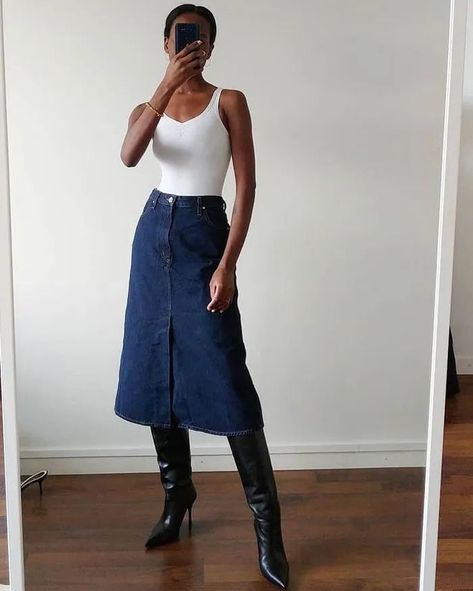 Outfit ideas for the long denim skirt, workwear, casual and date night Long Denim Skirt Outfit, Outfit Ideas 70s, Hippie Outfit Ideas, Engagement Photos Outfits Fall, University Outfit Ideas, Midi Skirts Summer, Simple Spring Outfits, Outfit Ideas Male, Black Jeans Outfit Ideas