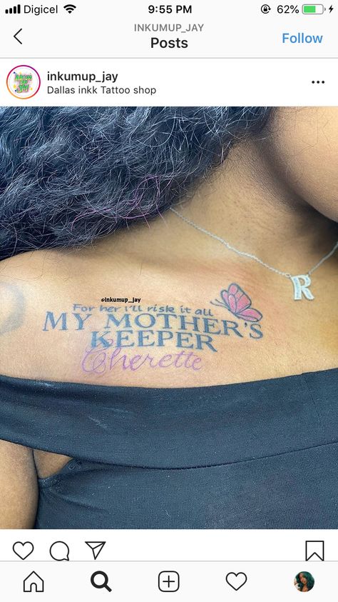 Mother Shoulder Tattoo Ideas, Mothers Memorial Tattoos, My Mothers Keeper Tattoo Mom, Bible Verse Thigh Tattoos For Women, Matching Tattoos For Cousins Black, My Grandmas Keeper Tattoos, Colar Bone Tattoo Black Women, My Mother Keeper Tattoo, Rest In Peace Tattoos Black Women